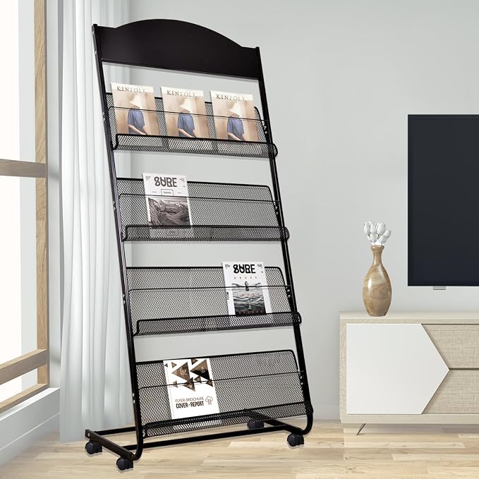 Floor-Standing Magazine Rack, 4-Layer Brochure Display Stand Tiered Design by KENPIKO