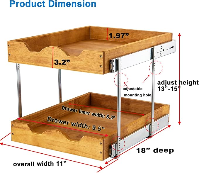 DINDON 2 Tier Wood Pull Out Cabinet Organizer Slide Out Wood Drawer, Two Tier - Image 2