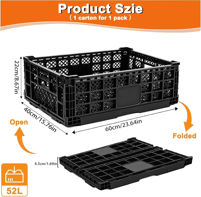 Collapsible Milk Crate, 52L Heavy-Duty Foldable Storage Crate, Grocery & Home - Image 2