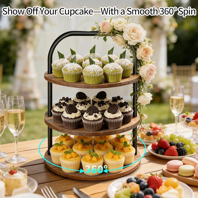 Cupcake Stand, 360° Rotating Wooden Cupcake Stand 3 Tier Large Dessert Table - Image 2