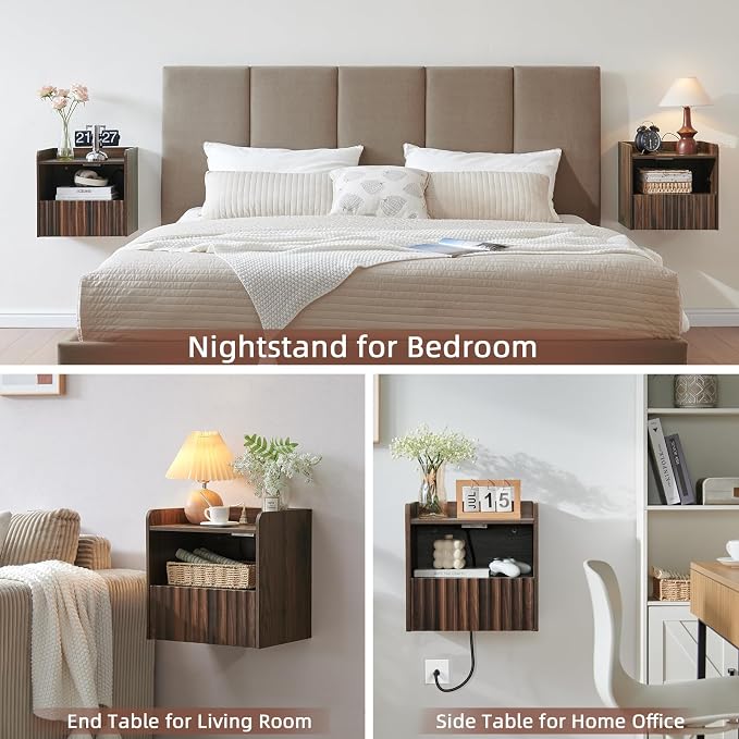 Modern Fluted Floating Nightstand Wall Mounted Set of 2- Bedside Table - Image 6