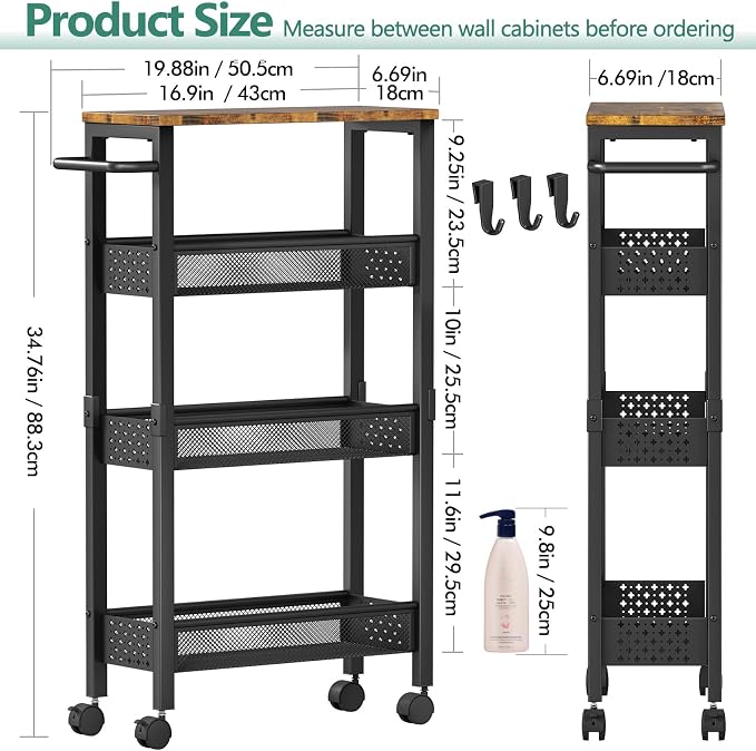 Utility Slim Storage Cart with Wheels, 4 Tier Small Rolling Cart with Wood Top - Image 5