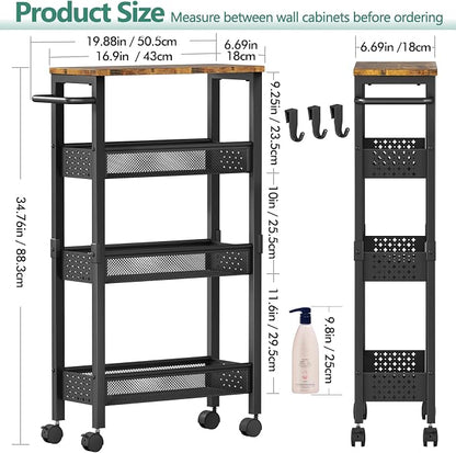 Utility Slim Storage Cart with Wheels, 4 Tier Small Rolling Cart with Wood Top - Image 5