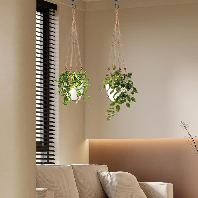 LEWESU Jute Macrame Plant Hanger Indoor Set of 4 Hanging Planter Basket Flower - Image 5