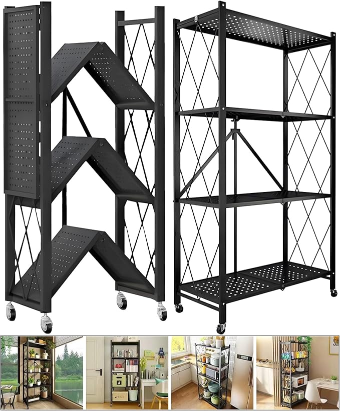 4-Tire Storage Shelves Organizer, Foldable Metal Garage Shelving, Portable - Image 3