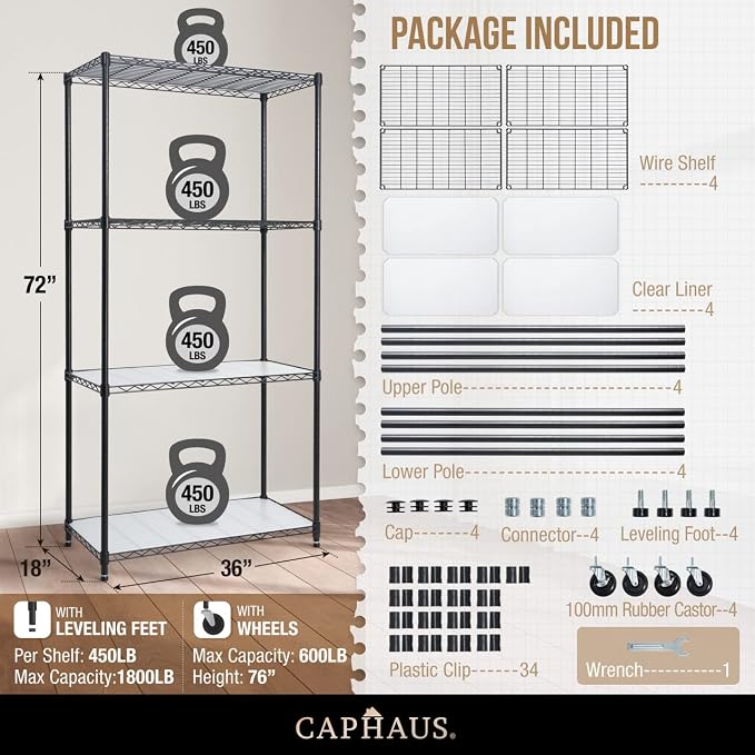 CAPHAUS NSF Heavy Duty Wire Shelving w/Wheels, Leveling Feet & Liners, Storage - Image 3