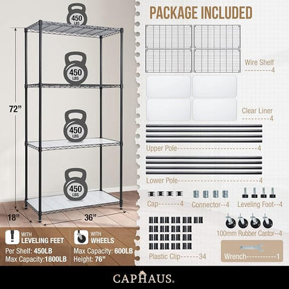CAPHAUS NSF Heavy Duty Wire Shelving w/Wheels, Leveling Feet & Liners, Storage - Image 3