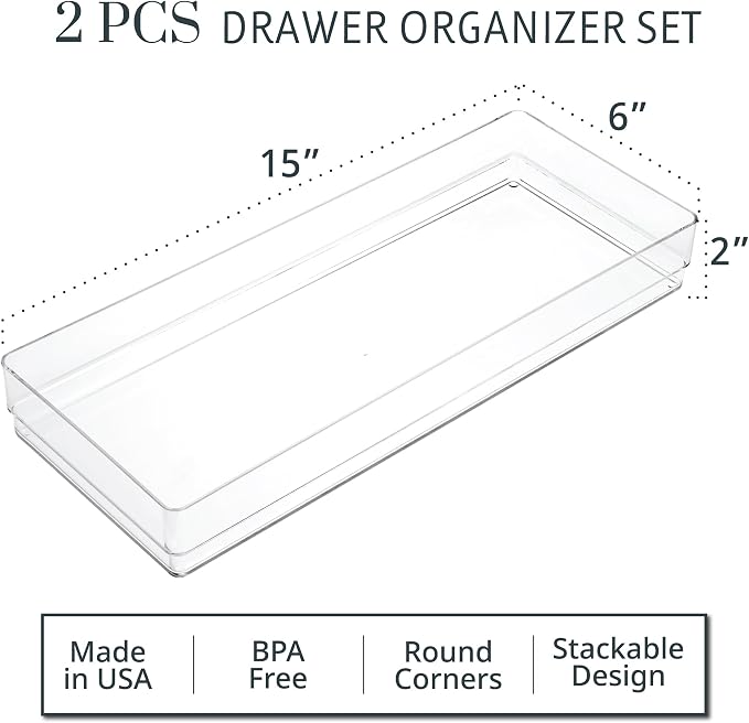STORi SimpleSort 2-Piece Stackable Clear Drawer Organizer Set | 15" x 6" x 2" - Image 2