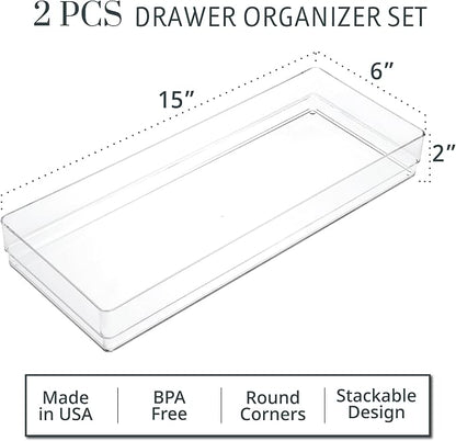 STORi SimpleSort 2-Piece Stackable Clear Drawer Organizer Set | 15" x 6" x 2" - Image 2