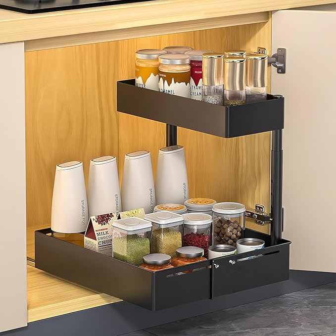 Under Sink Organiser, 2 Tier Pull Out Cabinet Organiser, Height Adjustable Out by LAKNUY