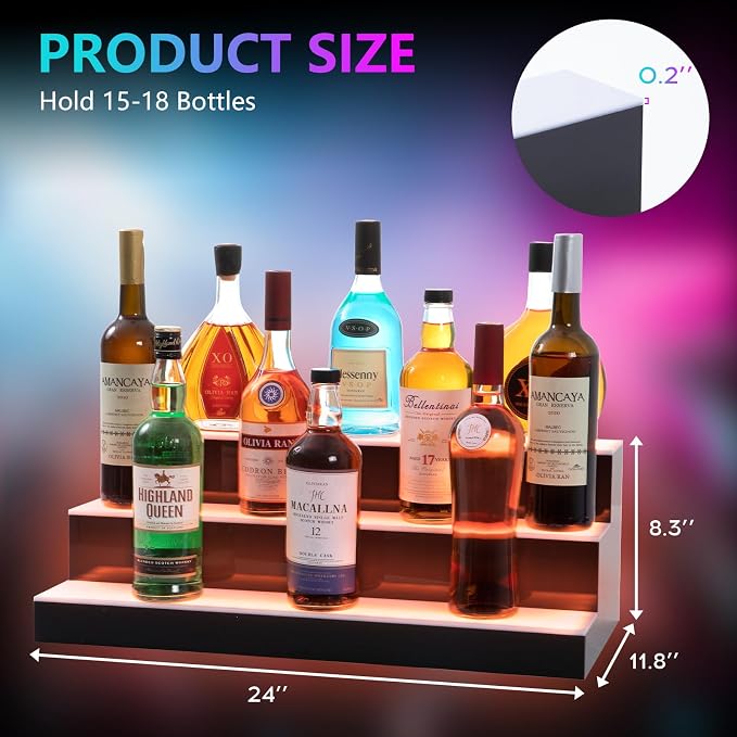 Led Lighted Liquor Bottle Display Shelf, 24 Inch 3 Tier Whiskey Rack, Support - Image 3