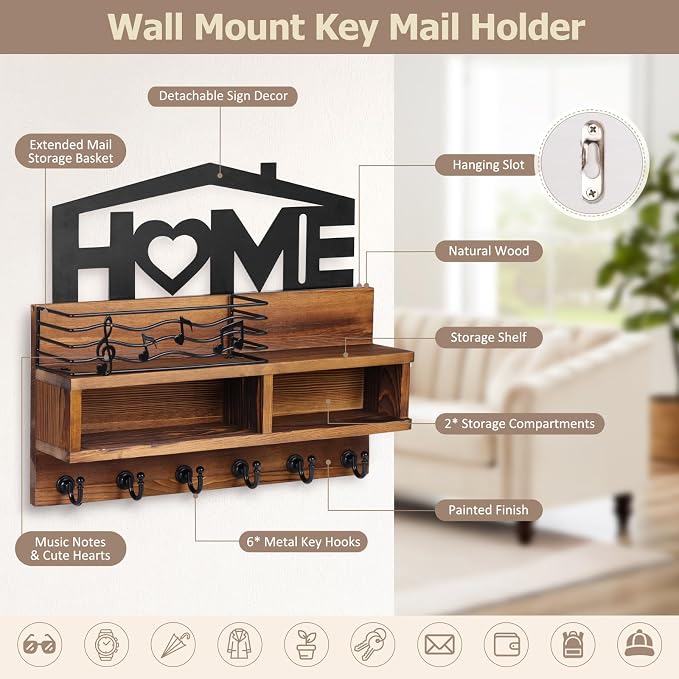 VIS'V Key Holder Wall Mount, Decorative Wood Mail and Key Organizer, Small Shelf - Image 3