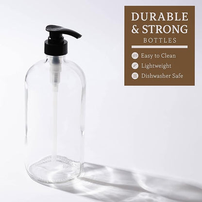 32-Ounce Pump Bottles, Large Clear Glass Boston Round Bottles w/Black Pumps. - Image 3
