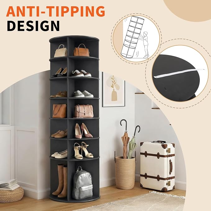VINGLI Black Rotating Shoe Rack Tower, 7 Tier 360° Shoe Storage - Image 9