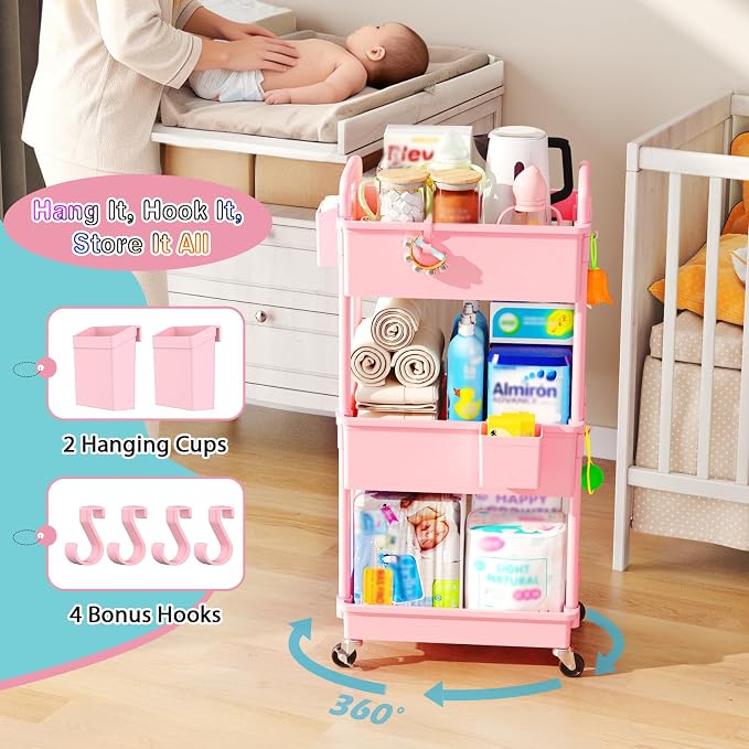 SUNALLY Baby Diaper Caddy Cart, 3 Tier Rolling Diaper Cart - Image 4