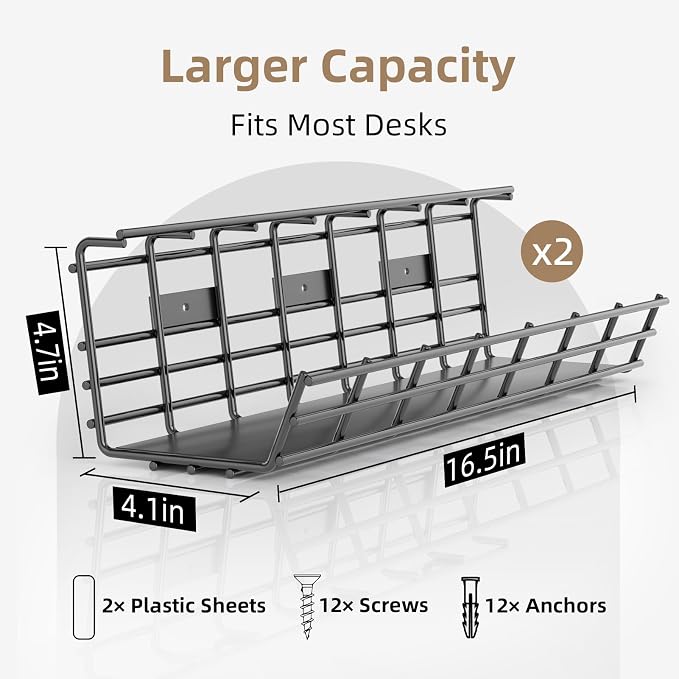 2 Pack DELAMU Under Desk Cable Management Tray, Large Metal Cord Organizer - Image 3