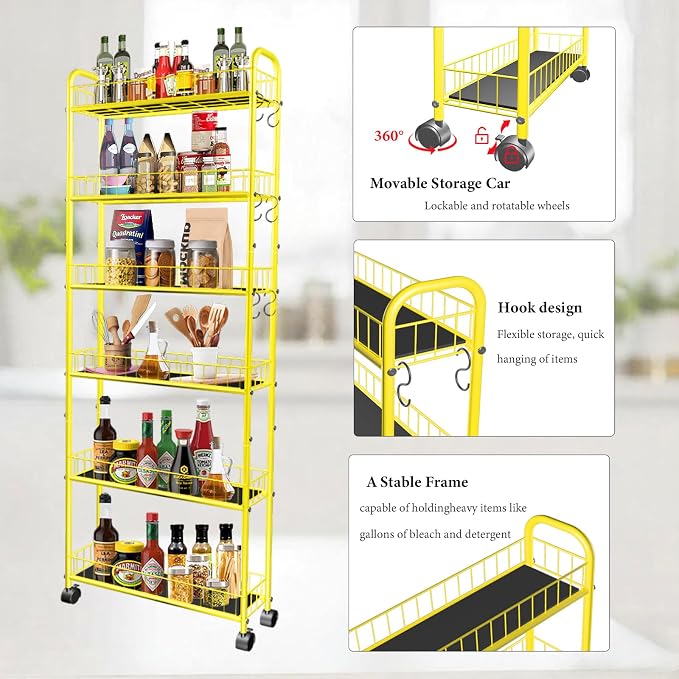6-Tier Slim Storage Cart with Wheels, 6in Narrow Rolling Shelf, Sturdy Slim - Image 7