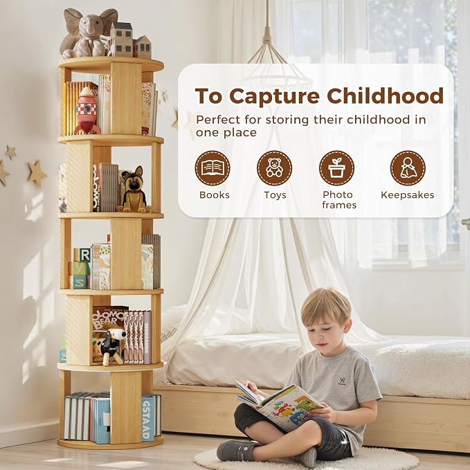 5 Tier Rotating Bookshelf Tower, 360° Display Round Bookcase, Floor Standing - Image 6