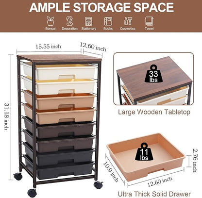 Rolling Carts with Wheels, Utility Cart with 8 Drawers and Wooden Tabletop - Image 2