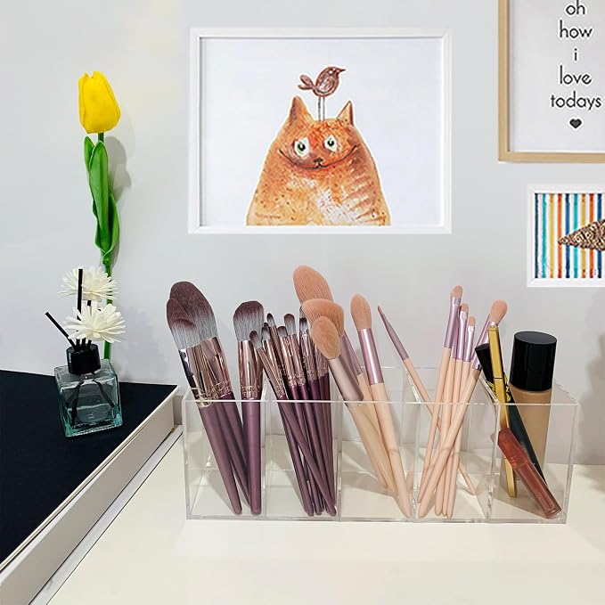 HSYMQ Acrylic Clear Pen Holder 5 Compartments Pencil Holder Desk Organizer - Image 5