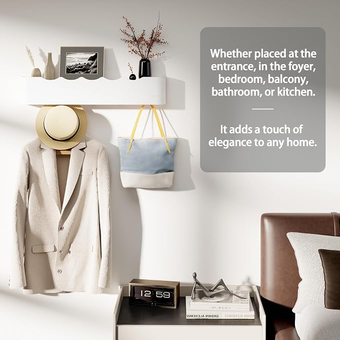 Coat Rack Wall Mount with Shelf 4 Hidden Hooks Modern Wooden Key Holder - Image 6