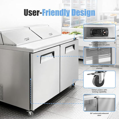 60" W Commercial Refrigerator Sandwich Salad Prep Table, Stainless Steel 2-Door - Image 2