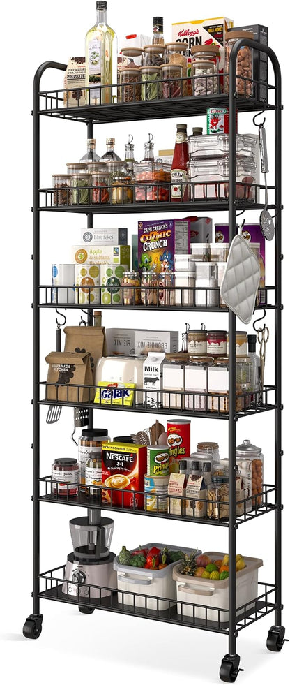 6 Tier Slim Storage Cart with Wheels, Metal Mobile Shelving Unit Organizer by Qiaoxuan