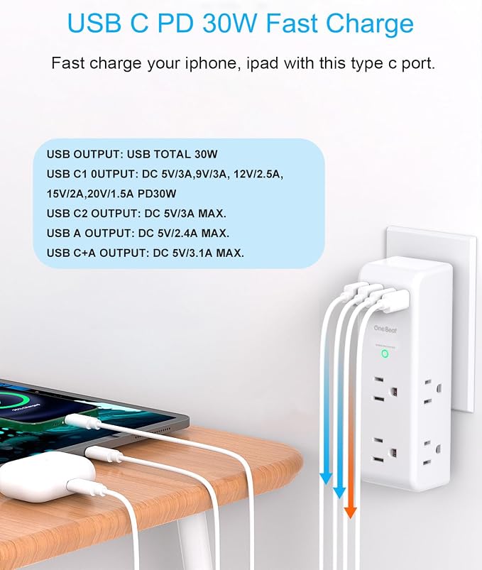 PD 30W Surge Protector Outlet Extender, Rotating Plug, One Beat 6 AC Multi Plug - Image 2