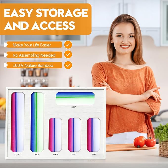 6 in 1 Bamboo Ziploc Bag Storage Organizer, Snack & Freezer Bags, Wall - Image 7