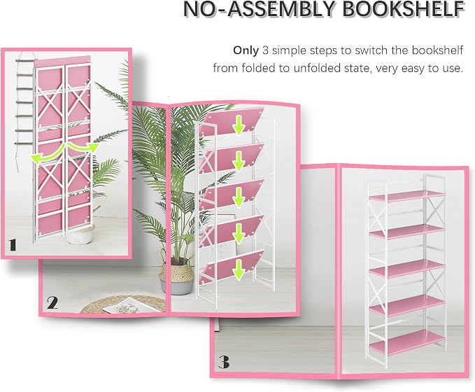 4NM 5 Tiers No Assembly Book Shelves, 51.2" H Folding Bookshelf Bookcase Open - Image 6