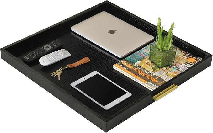 HofferRuffer Extra Large Square Serving Tray, Elegant Faux Leather Ottoman Tray - Image 4
