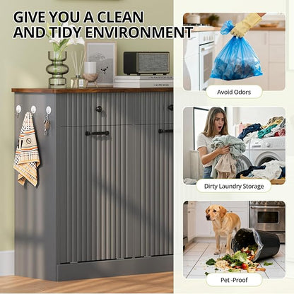 Double Tilt Out Trash Can Cabinet, 20 Gallon Fluted Laundry Hamper Cabinet - Image 4