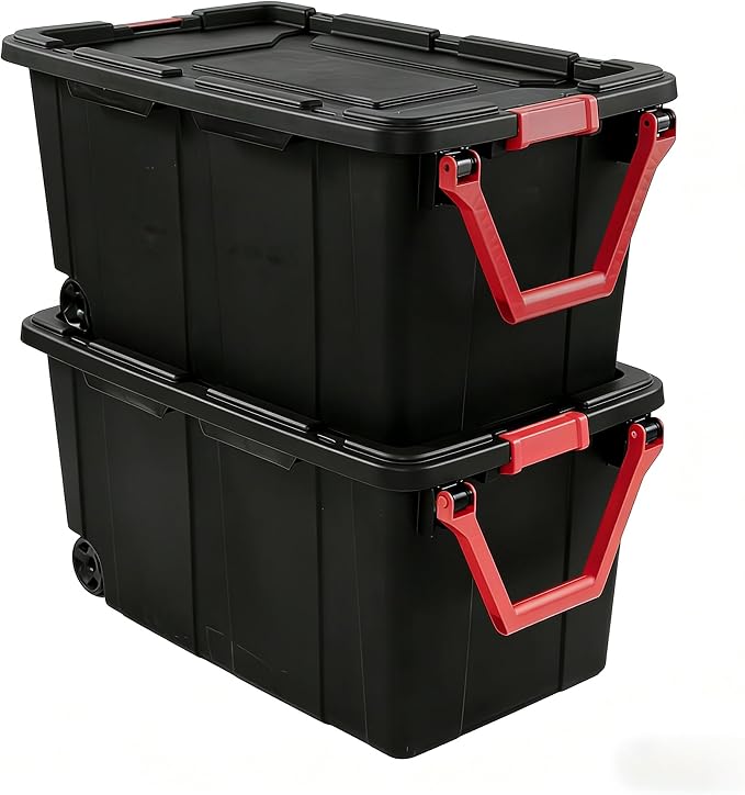 40-gallon wheeled plastic storage boxes by Unknown