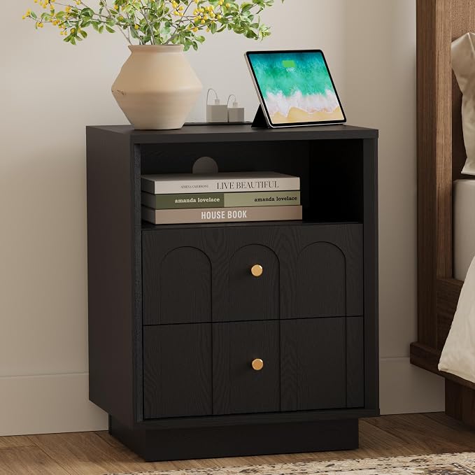Nightstand with Charging Station, Modern Nightstand with Arched Design by FORTUNETEC