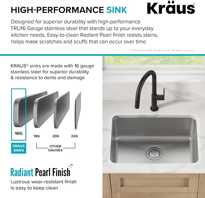 KRAUS Dex 25-inch Undermount 16 Gauge Stainless Steel Single Bowl Kitchen Sink - Image 5