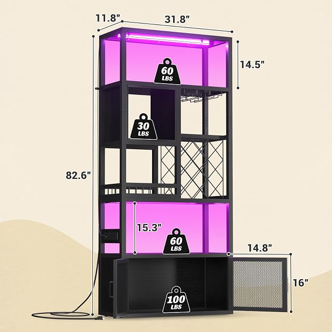 82.6" Tall Bar Cabinet with Power Outlets, 6-Tiers Reversible Wine Cabinet with - Image 3