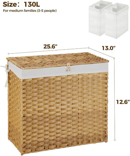 Greenstell Laundry Hamper with Wheels&Lid, 130L Large 3 Sections Clothes Hamper - Image 5