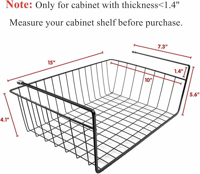 Tebery 2 Pack Black Under Shelf Wire Basket, Hanging Storage Baskets Under - Image 2