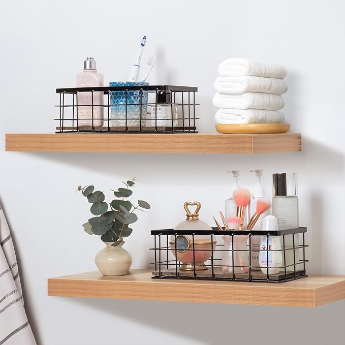 ROSE BLOOM Small Metal Wire Storage Basket, Decorative Wood Base Organizer Bins - Image 8