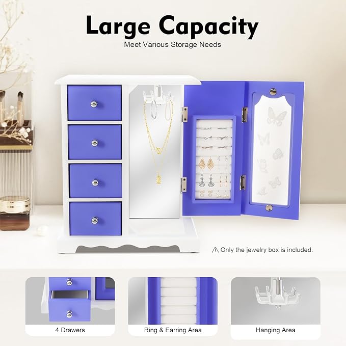 Purple Modern Jewelry Box with 4 Drawers, 360°Rotating Hook and Built-In Mirror - Image 3