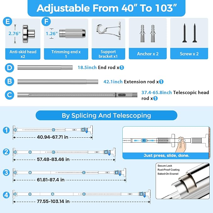 AIZESI 41-100 Inch Heavy Duty Silver Tension Curtain Rod - Image 9