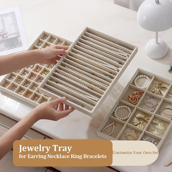 Large Jewelry Drawer Organizer Trays Set of 4, Stackable Velvet Jewelry Trays - Image 3