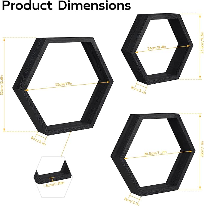 CADUKE Hexagon Floating Shelves Set of 3, Wooden Honeycomb Shelves - Image 3