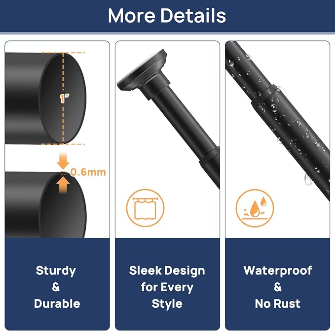 ENJOYBASICS 1" Black Shower Curtain Rod, 30-76" Adjustable, Secure Tension | - Image 6