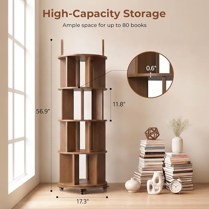 Kryonix 4 Tier Solid Wood Rotating Bookshelf on Wheels, Spinning Bookcase | - Image 2