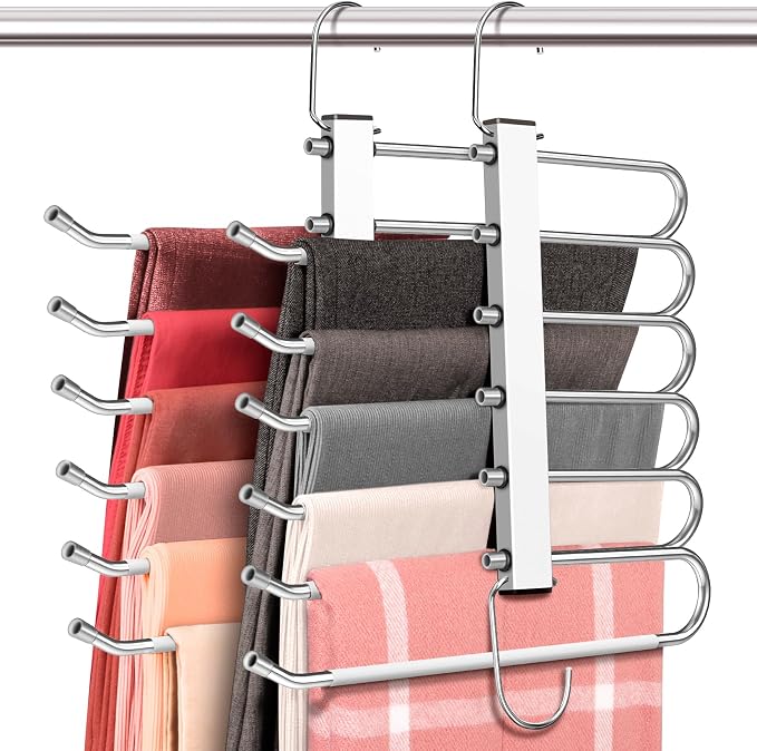 HUITEM Space Saving 6 Tier Pant Hangers, Lightweight, Stainless Steel, 2 Pack by HUITEM