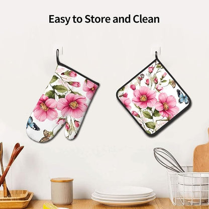 Garden with Birds and Flowers Gloves and Mats Set-Heat-Resistant Kitchen Gloves - Image 5