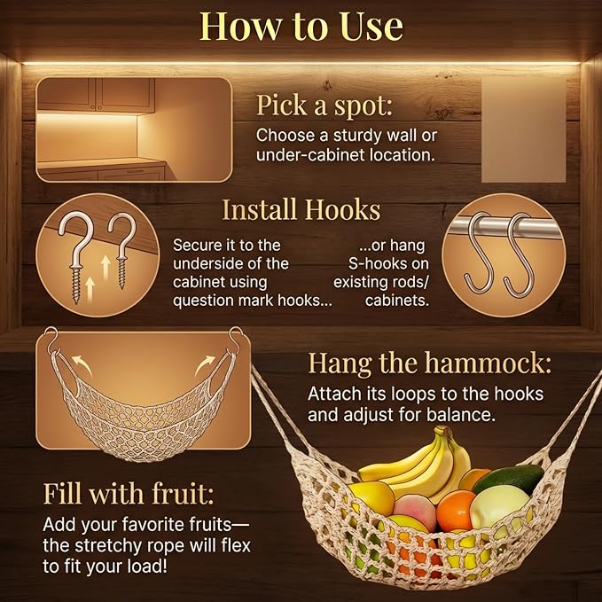 Hanging Fruit Hammock Under Cabinet, 13×16in Macrame Hanging Fruits Basket - Image 5