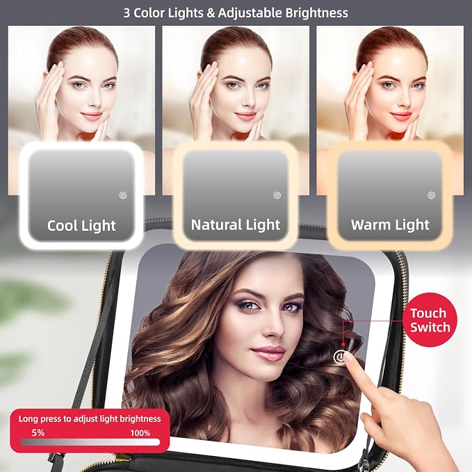 Makeup Bag with Mirror and Light 3 Colors, Travel Make up Bag with Mirror - Image 2
