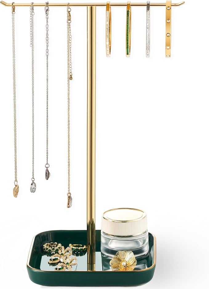 Jewelry Holder Stand with Ceramic Base: 12" Tall Necklace Organizer Rack by Josmimic
